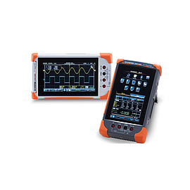 Technician using a handheld oscilloscope in a calibration and testing environment